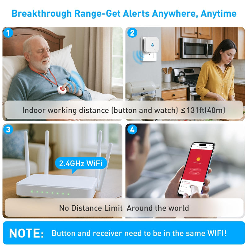 [AUSTRALIA] - WiFi Caregiver Pager System with Emergency Button for Elderly - 1 SOS Alert Watch + 2 Wireless Call Buttons + 1 Receiver for Seniors Patient Disabled Kids (2.4GHz WiFi, No Monthly Fee) 2+1+1 White 02 