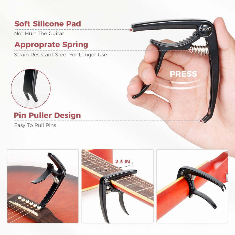 Guitar Accessories Kit - Capo, Tuner, Wall Mount Hanger, Picks, String Cleaner for Guitar, Violin, Bass, Ukulele