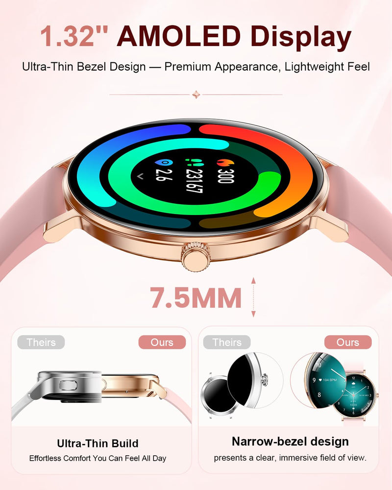 Smart Watches for Women,1.32'' AMOLED Ultra-Thin Smart Watch with Bluetooth Make/Answer Call,Heart Rate/SpO2/Sleep Tracker,120+ Sport Modes IP68 Fitness Watch Android/iOS Compatible,4 Straps,Rose Gold Rose Gold(4 Bands)