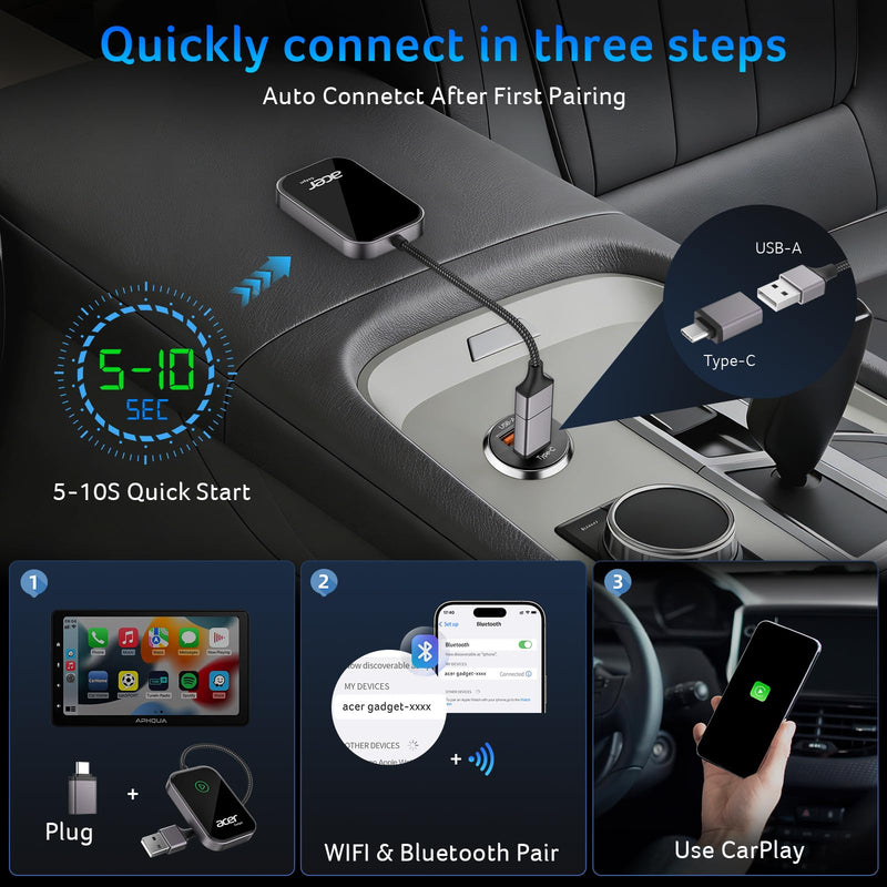 Acer Gadget CarPlay Wireless Adapter for Apple — iPhone Wireless Apple CarPlay Wireless Adapter Upgrade Wired CarPlay to Wireless for Seamless Music Navigation Calls and Messages Black