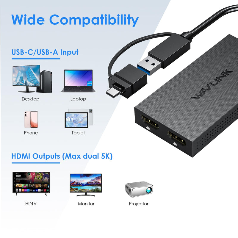 WAVLINK USB 3.0 or USB C to Dual HDMI Splitter Extended Display for Dual Monitor, Displaylink Adapter Dual HDMI 4K 60Hz for Apple Mac M1/M2/M3 or Windows 10/11, USB A/C to HDMI 4K Output USB to Dual HDMI 4K