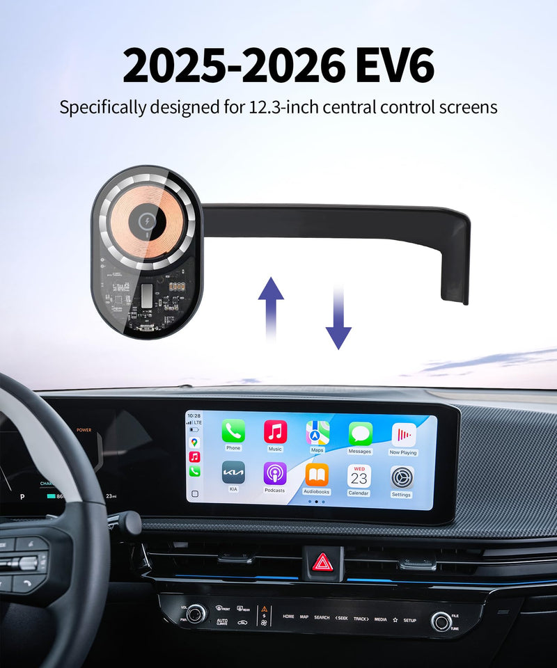 15W Wireless Charging Car Phone Holder for Kia EV6 2025 2026, 12.3" Screen | Magsafe Accessories Fast Charging Magnetic Cell Phone Holder Clip Compatible with iPhone Android, 3D Fit Vehicle Phone Stand 12.3-inch for 2025 2026 EV6