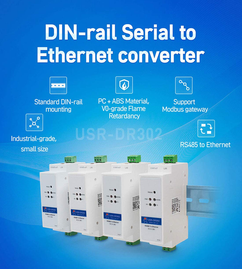 PUSR USR-DR302 Din-Rail RS485 to Ethernet Converter Bidirectional Transparent Transmission Between RS485 and RJ45