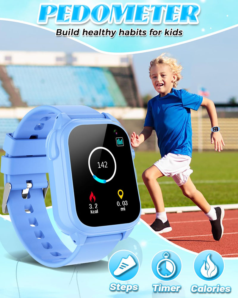 Waterproof Smart Watch for Kids 3-12 Years Old Boys Toys with 26 Games, Video Camera, Pedometer, Music Player, Alarm Clock, Flashlight, HD Touchscreen Toddler Watches Girls Birthdays Gifts (Blue) Blue