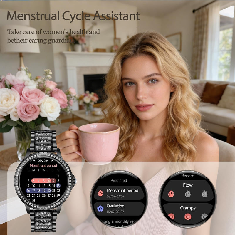 Smart Watch for Women with Diamonds, Bluetooth Calls, 1.32'' Full HD Screen Fitness Tracker with Multiple Sports Modes/Heart Rate/Sleep Monitor, IP68 Waterproof for Android iOS, Elegant Black