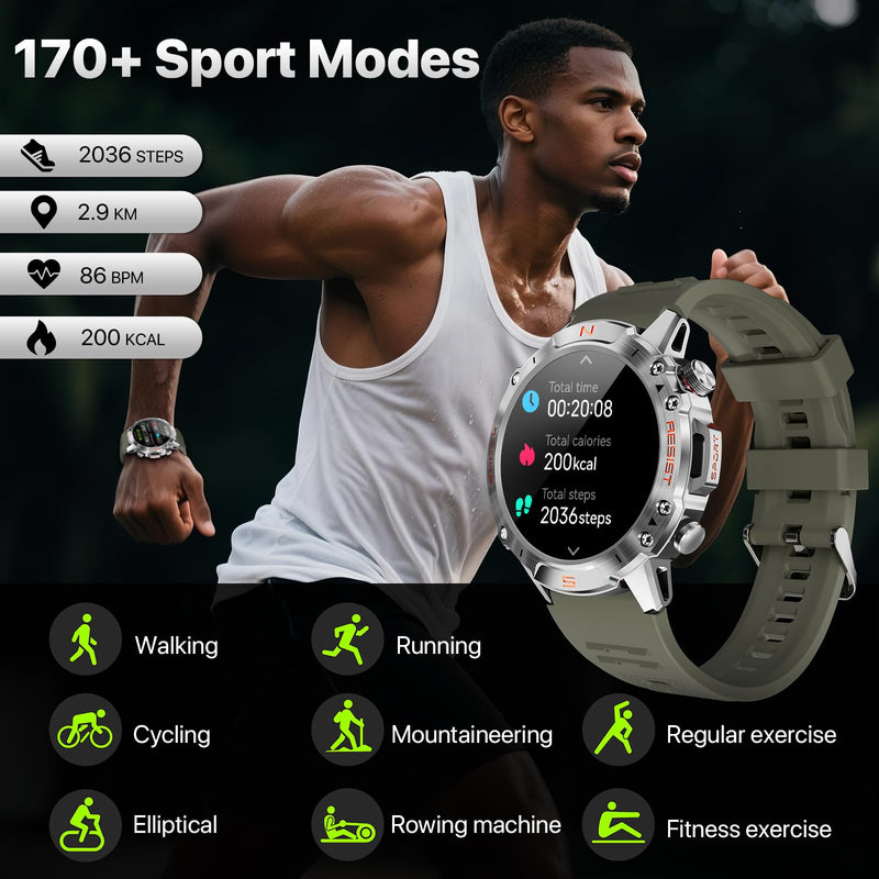 WalkerFit Men's Rugged Smart Watch, 1.43" AMOLED, BT Call, 5ATM Waterproof | Tactical watch featuring Zinc Alloy frame, 2 bands, SpO2 & Heart rate monitor, Bluetooth calls and 5ATM water resistance