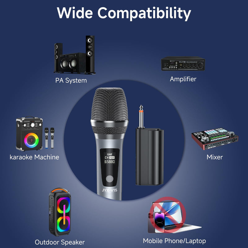 JYX Wireless Microphone, Professional UHF Metal Handheld Dynamic Mic System with Rechargeable Receiver 1/4''(6.35mm) Plug, for Amplifier, PA System, Karaoke Singing, Wedding, Party, Speech, Church