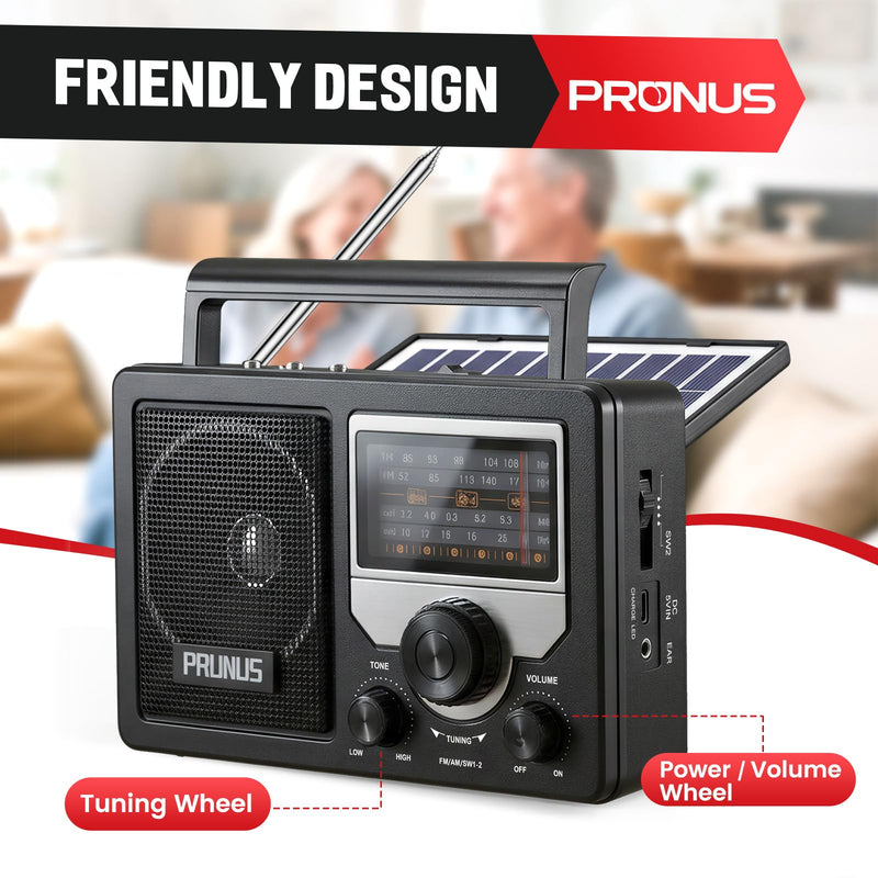 [AUSTRALIA] - PRUNUS J-81 AM FM Radio Portable Bluetooth, Solar/D Battery Operated/USB-C Rechargeable for Emergency, Transistor Radios with Headphone Jack,Support TF Card/USB Playing, Large Knob Easy to Use 