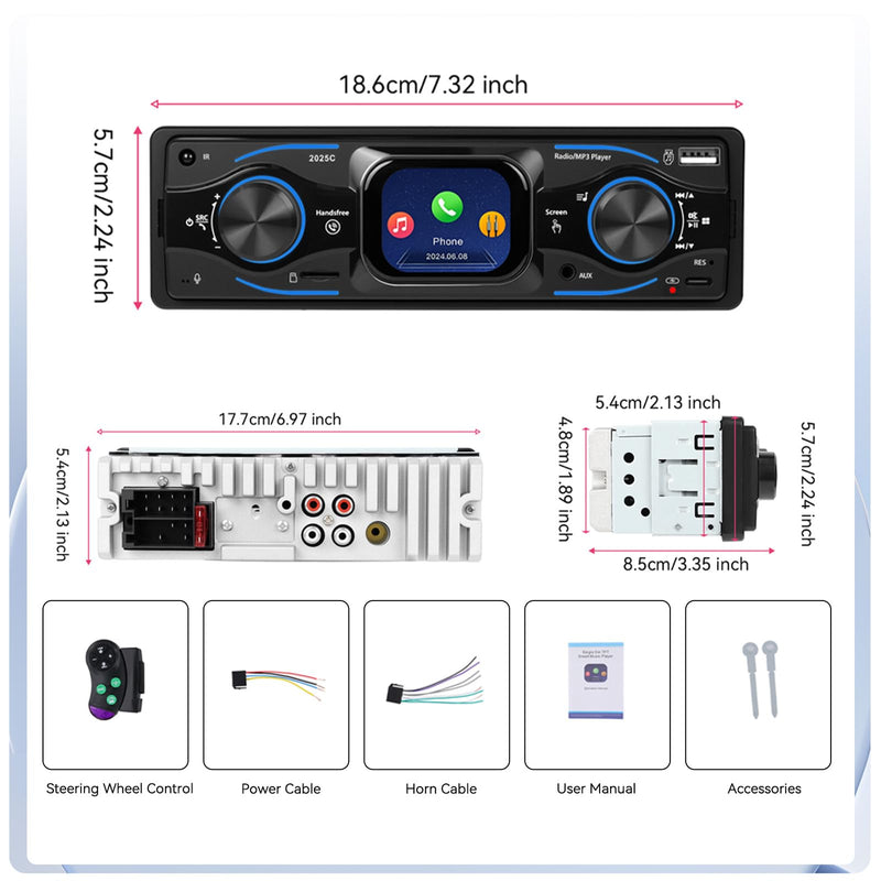 [AUSTRALIA] - Single Din Car Stereo Marine Radio Bluetooth Multimedia Car Audio Receivers with Digital LCD Display FM Car Radio USB/Type-C/SD/AUX-in MP3 Player Lossless Sound Quality Quick Charge+ SWC 
