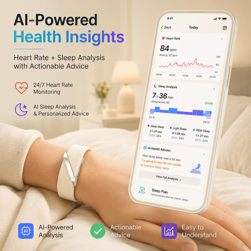 Fitness Tracker Wearable Activity Tracker AI Sleep 24/7 Heart Rate Monitor Multi-Sport Tracking Screenless SOS Fall Detection Waterproof & Long Battery Life Smart Bracelet for Men Women Senior beige