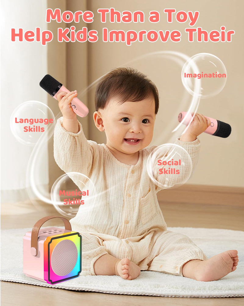 Mini Karaoke Machine for Kids Adults, LumoShine Portable Bluetooth Speaker with 2 Wireless Microphone and Lights, Gifts for Boys Girls Pink
