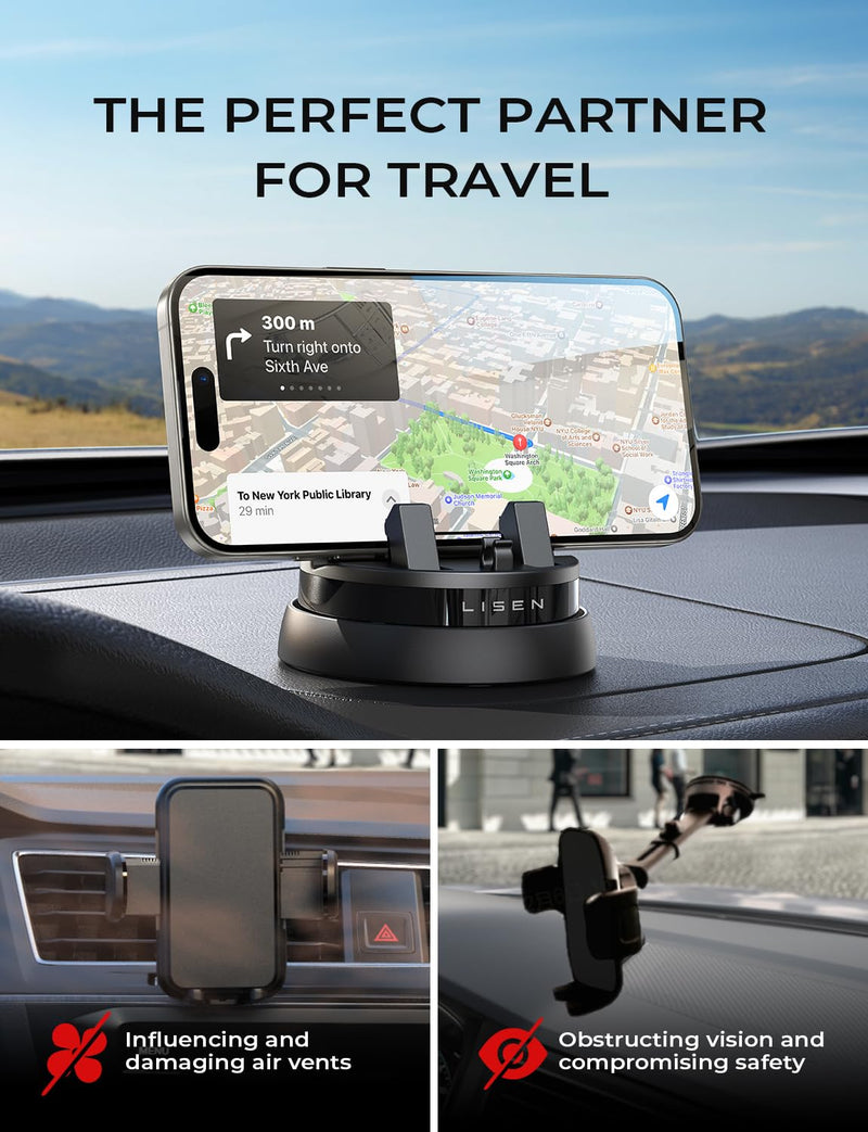 LISEN 360 Dashboard Cell Phone Holder, for iPhone 17 Phone Holder,Dashboard Car Phone Holder Fit for iPhone 16 Pro Max Plus/15/14/13/12/11,Samsung S24/23, All Smartphones, Black