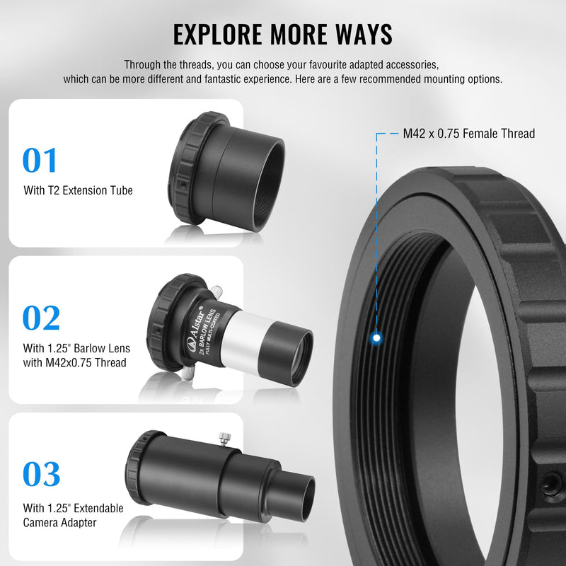 [AUSTRALIA] - Alstar Telescope Photo Adapter for Nikon SLR/DSLR Cameras, T Mount Telescope Camera Adapter Include T2 T Ring for DSLR and T Adapter, 1.25 Inch Telescope Accessory for Astrophotography 