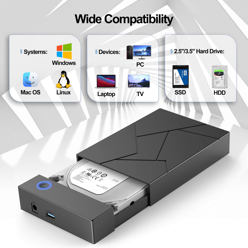 Hard Drive Enclosure 3.5, FEMORO USB 3.0 External Hard Drive Case with 12V Power Adapter for 3.5 2.5 inch SATA HDD SSD Reader, up to 8TB, Support UASP for Laptop Computer 2.5''+3.5''