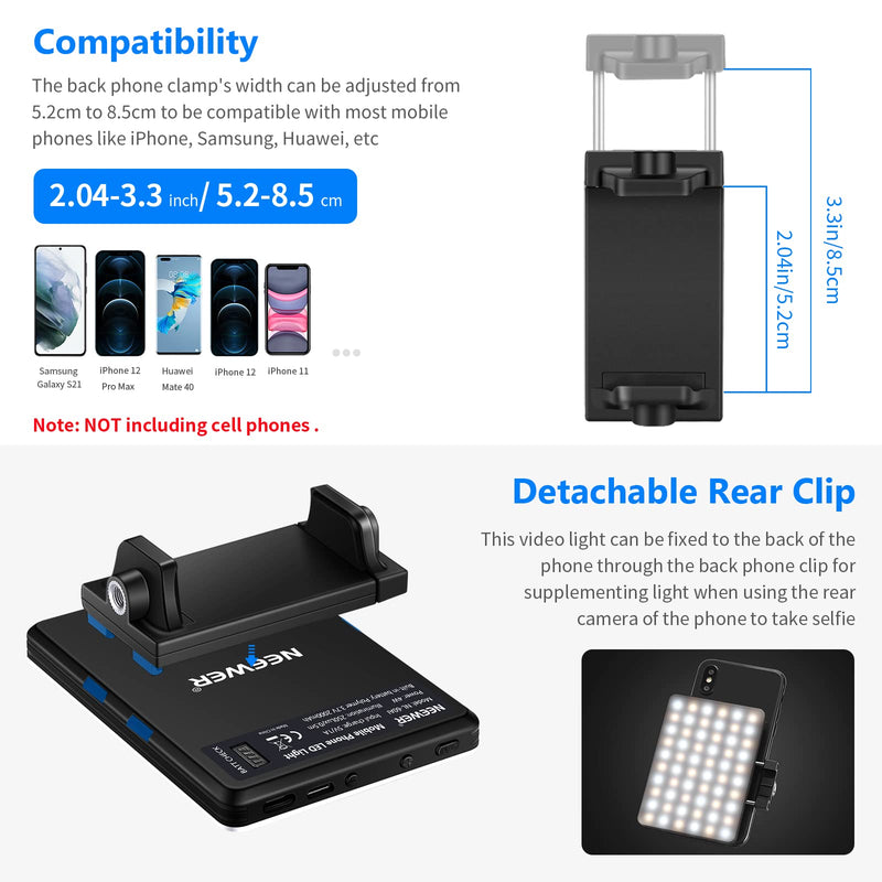 NEEWER Selfie Light with Front & Back Phone Clip, High Power 60 LED 2000mAh Rechargeable CRI 95+, 3 Light Modes, Portable Clip on Light for Tablet/Laptop, Zoom Call TikTok Video Fill Light (NL-60AI) Bi Color