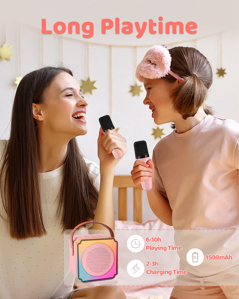 Mini Karaoke Machine for Kids Adults, LumoShine Portable Bluetooth Speaker with 2 Wireless Microphone and Lights, Gifts for Boys Girls Pink