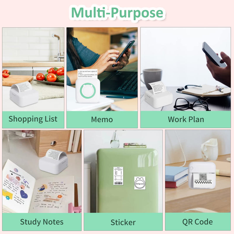 AURTEC Mini Thermal Printer, Portable Wireless Bluetooth Inkless Printer with 3 Rolls of Sticker and 3 Rolls of Thermal Paper, Compatible with Android/iOS, Pocket Printer for Memo, DIY, Photo and More Green