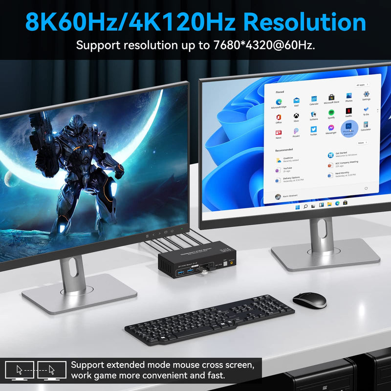 Displayport KVM Switch 2 Monitors 2 Computers 8K 60Hz 4K 120Hz Dual Monitor USB 3.0 KVM Switches for 4 USB Devices, Wired Extension Button,12V DC Adapter and USB3.0 Cables -3.6CM High White 3.6CM 2PC 2 Monitors