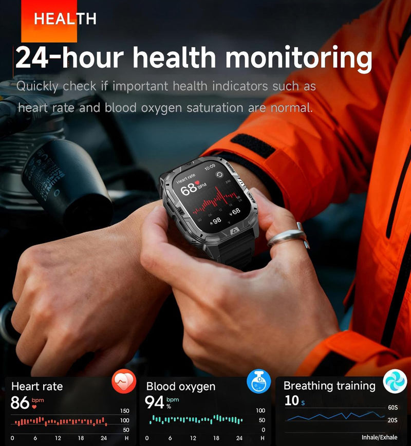 Yihou Mens Military Smart Watch for Men 2.01” Full Touch Screen Bluetooth Calling Heart Rate Sleep Monitor Step Counter Calorie Tracker IP68 Waterproof Outdoor Smartwatch 900mAh Long Battery Life Black-SS