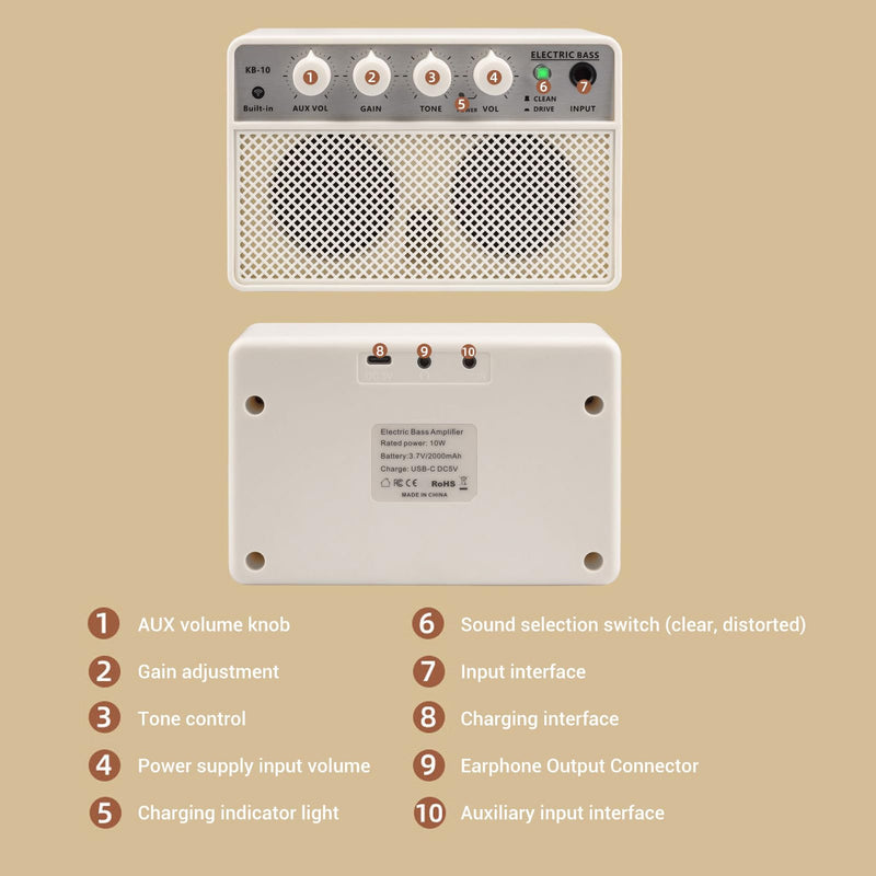 [AUSTRALIA] - KOKKO KB-10 Bass Amplifier Portable Mini Bluetooth Audio 10W Mini Bass Amplifier Portable Rechargeable Bass Guitar Practice Amplifier 