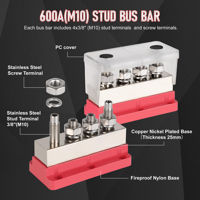 600A Bus Bar Power Distribution Block 12-48V Terminal Block 4x3/8(M10) Studs Marine Battery Bus Bar with Waterproof Cover Quick Mount for Automotive Car Boat Solar System (Red) 600A 4 x 3/8"(M10) Studs-Red