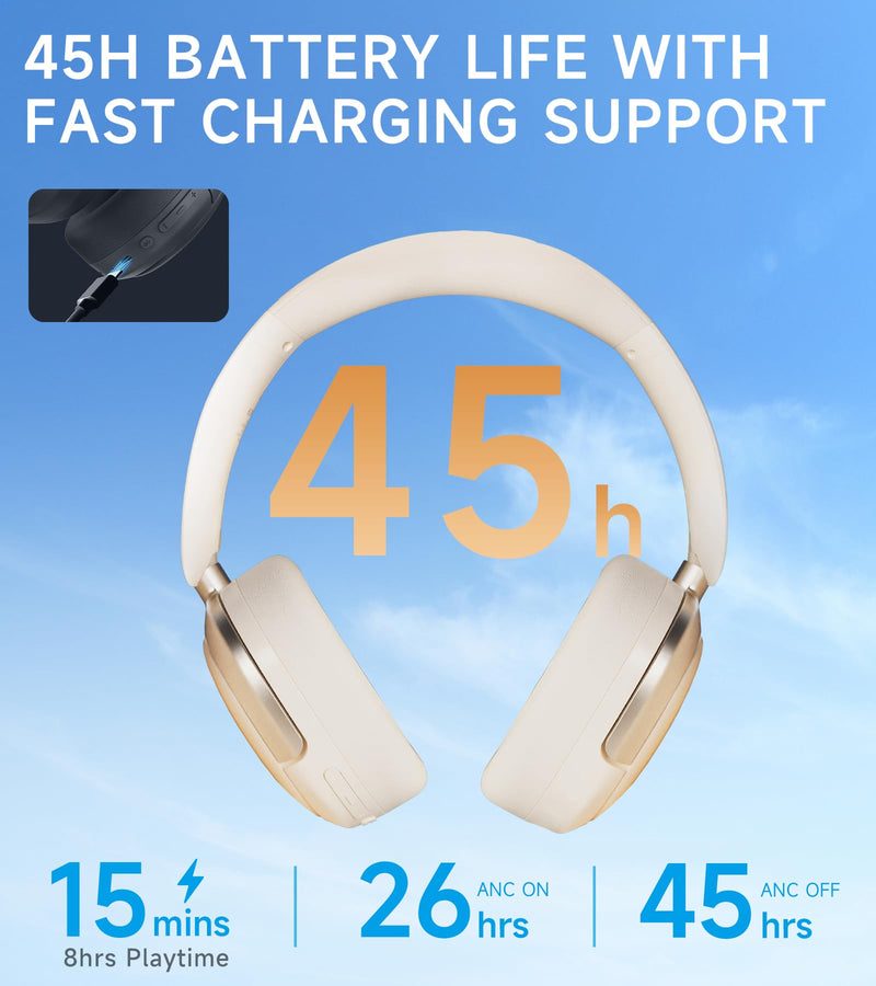 Atom Max Hybrid ANC Headphones, Hi-Res Audio, 45H Playtime, White Ivory