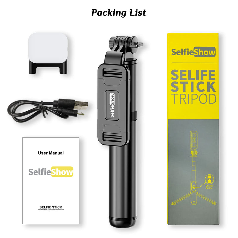 Selfie Stick Tripod with Fill Light, All in One Extendable Selfie Stick with Detachable Wireless Remote, Flexible Phone Tripod Stand Compatible with iPhone/Galaxy, Compact Size & Lightweight Black & With Light