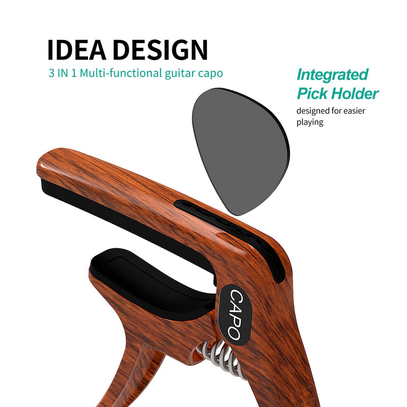 Guitar Capo, 3-in-1 multifunction capo for Acoustic and Electric Guitars (Free bonus 4 picks) with Pick Holder and Pin Puller, Guitar Accessories, wood grain color