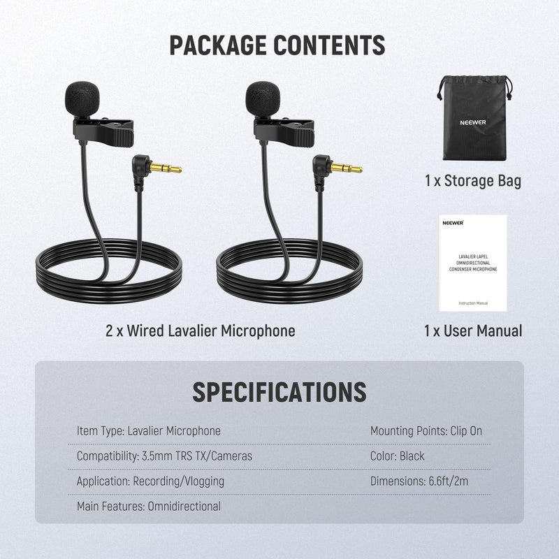[AUSTRALIA] - NEEWER Mini Lavalier Microphone (2 Pack), 6.6ft/2m Clip On Wired Condenser Lapel Mic with 3.5mm TRS Plug, Compatible with DJI Mic 2, Rode Wireless Go II, NEEWER CM28 CM31 Camera, LM5 