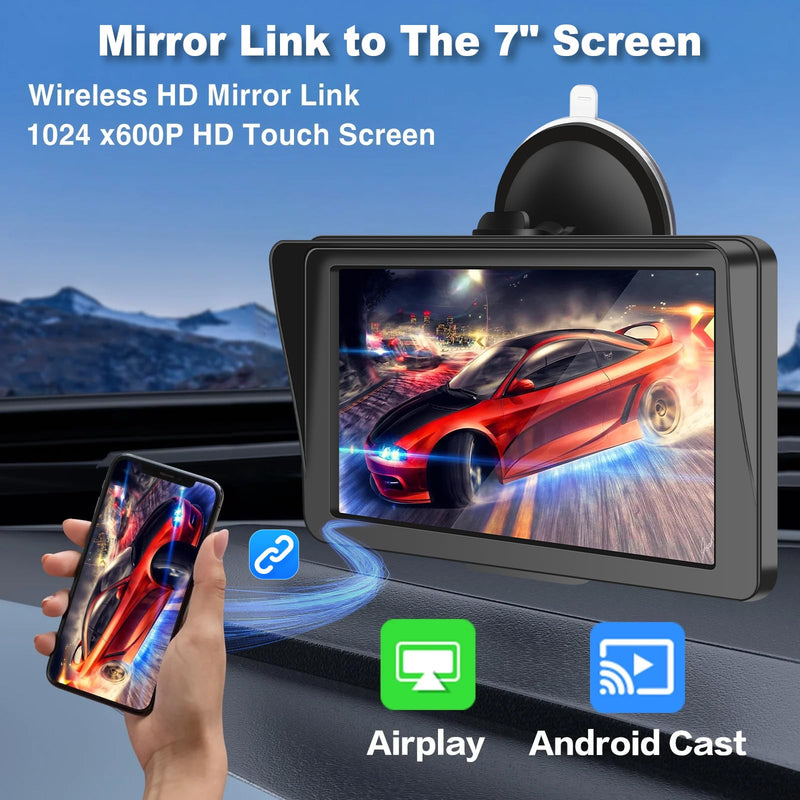 Wireless Carplay Screen for Car, 7" HD IPS Touch Screen Stereo for Apple Carplay & Android Auto,Bluetooth,Voice Control,GPS Navigation,Mirror Link | Plug-and-Play, Apple Car Paly for All Vehicle