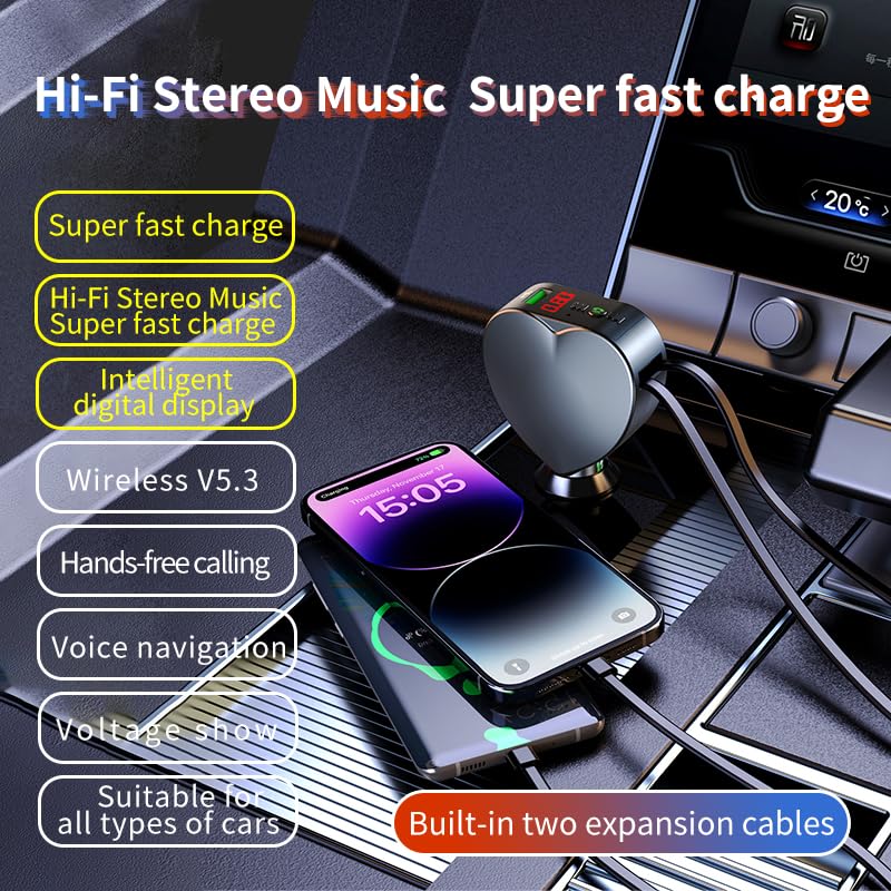 [AUSTRALIA] - ﻿ CYZFOWDUO Bluetooth 5.3 Car Adapter with Retractable Fast Charger, FM Transmitter Radio Receiver, Handsfree Calling & Audio Receiver, MP3 Music Player, LED Display Hands-Free Calling Support USB 