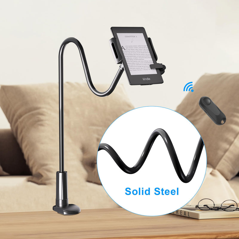 Gooseneck Tablet Holder for Kindle Reading in Bed with Page Turner Remote, Hands Free Desk Bedside Lazy Arm Stand for Kindle Accessories, Gifts for Readers Glossy Black