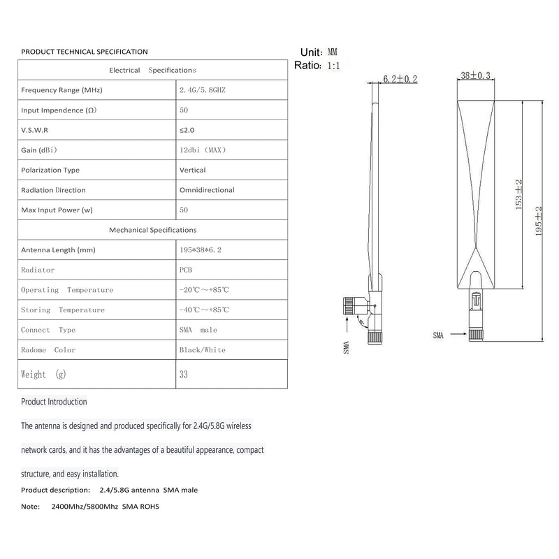 onelinkmore Dual Band WiFi Antenna 2.4GHz 5GHz RP-SMA Male, 2 Pack | Two dual-band antennas with RP-SMA male center sockets for compatible WiFi devices