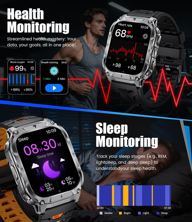 LIGE Military Smart Watch for Men(3 Bands),1000mAh/2 HD Large Screen Smartwatch, Flashlight/110+ Sports Modes, Fitness Tracker Watch for Android iOS,Black black