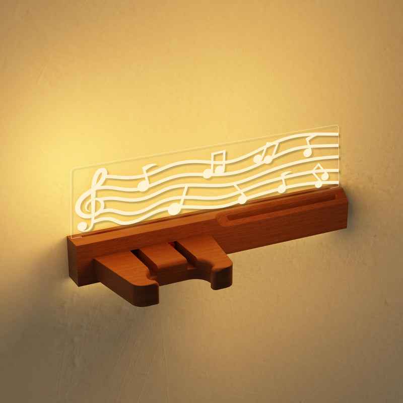 Guitar Wall Mount Stand with LED Lights - Solid Wood & Acrylic USB-Powered Guitar Accessories - Gift for Men, Guitar Players, Music Lovers (for Acoustic, Electric Bass, Ukulele) Warm yellow music note