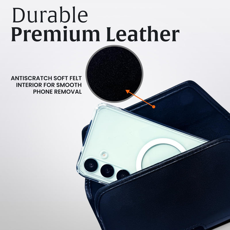 Turtleback Phone Belt Clip Designed for Galaxy S26 Plus, S25 Plus, S24+ to S20 Plus – Small - Belt Holder Fits Phones with Slim Style Cases, Black Leather Wrapped Clip, Belt Loops, Magnetic Closure Horizontal - Leather w/ Covered Leather Clip