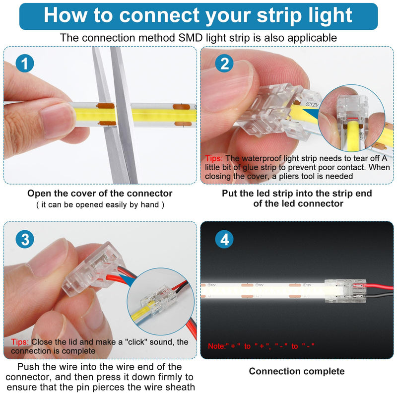 Aroidful 12 x 2 Pin 8 mm COB LED Plug, Solderless Corner Connector for Connecting Strips and Lamp Strips, for 2 Pin 8 mm COB/SMD LED 12 pieces, 2 pin 8 mm