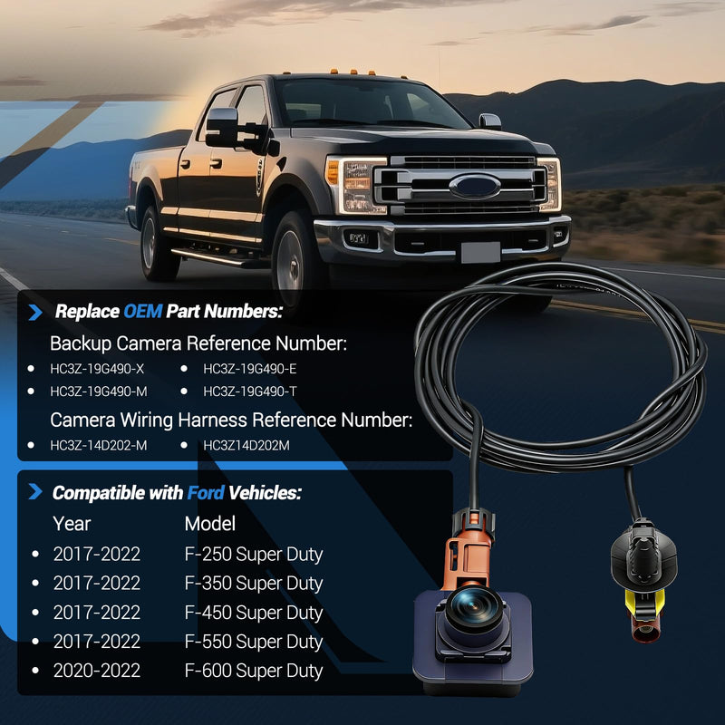 Backup Camera & Wiring Harness Kit HD Night Vision 170° Wide Angle | Compatible with Ford Super Duty F250 F350 F450 F550 F600 2017 2018 2019 2020 2021 2022 HC3Z-19G490-X + HC3Z-14D202-M Backup Camera & Wiring Harness Kit
