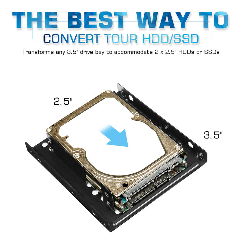 Dual SSD/HDD Metal Mounting Bracket kit 2.5 to 3.5, Convert Any 2.5 inch Solid State Drive/HDD Into One 3.5 inch Drive Bay 2 x 2.5 HDD/SSD to 3.5 Metal Black