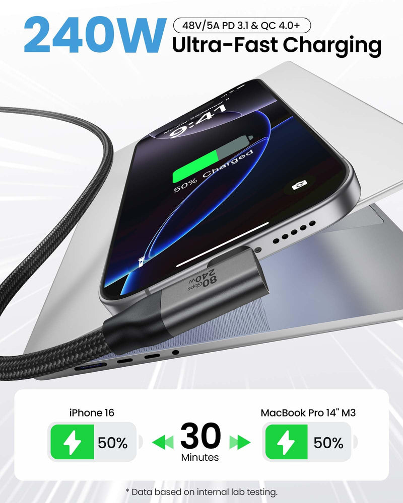 Silkland 80Gbps Right Angle USB 4 Cable for Thunderbolt 5 Cable 240W 10FT | 120Gbps Bandwidth, 8K@120Hz/4K@540Hz, 90 Degree USB C Video Cable Compatible Thunderbolt 5/4, MacBook, iPhone 17/16, Dock 1