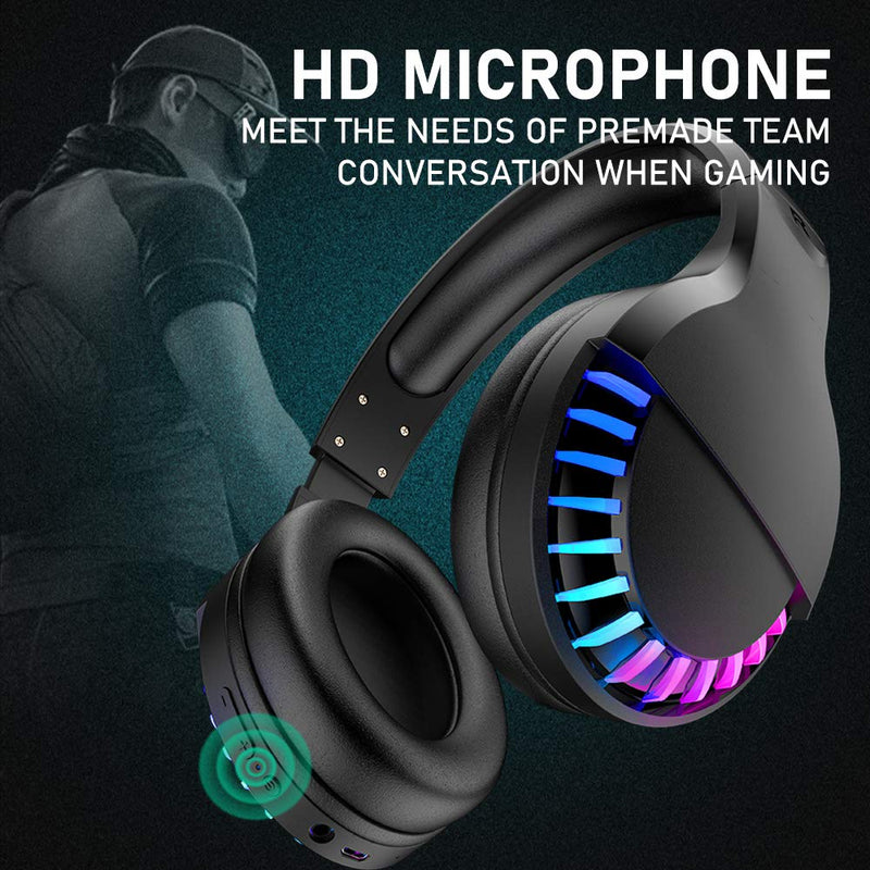 Wireless Bluetooth Headphone with Noise Cancellation HiFi Stereo Sound Mic Deep Bass Protein Earpad Rainbow RGB Backlight Rechageable Over Ear Headset for PC Mac Game Travel Class Home Office(Black) Black