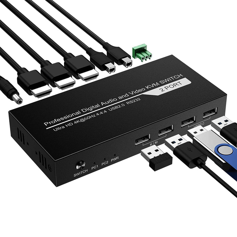 4K KVM Switch HDMI 2 Port for 2 PCs – with USB Hub | 2 computers share 1 monitor, keyboard, mouse, printer & USB drive. 4K@60Hz, plug & play, hotkey switching.