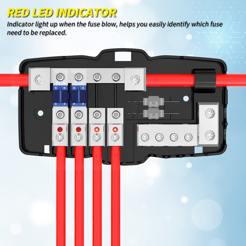 Joinfworld Fused Power Distribution Block Car Audio 4 Way MIDI(Mini-ANL) Fuse Block 12V 0/4 Gauge with Ground for Auto UTV Boat Stereo Amp