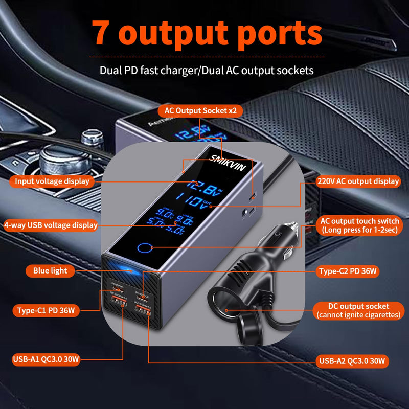 300W Car Power Inverter - 12V to 110V AC Converter with 2 AC Outlets & 4 USB Ports (2 PD 36W + 2 QC3.0 30W), Voltage Display, Cooling Fan for Laptop/CPAP/Travel 300W Light blue