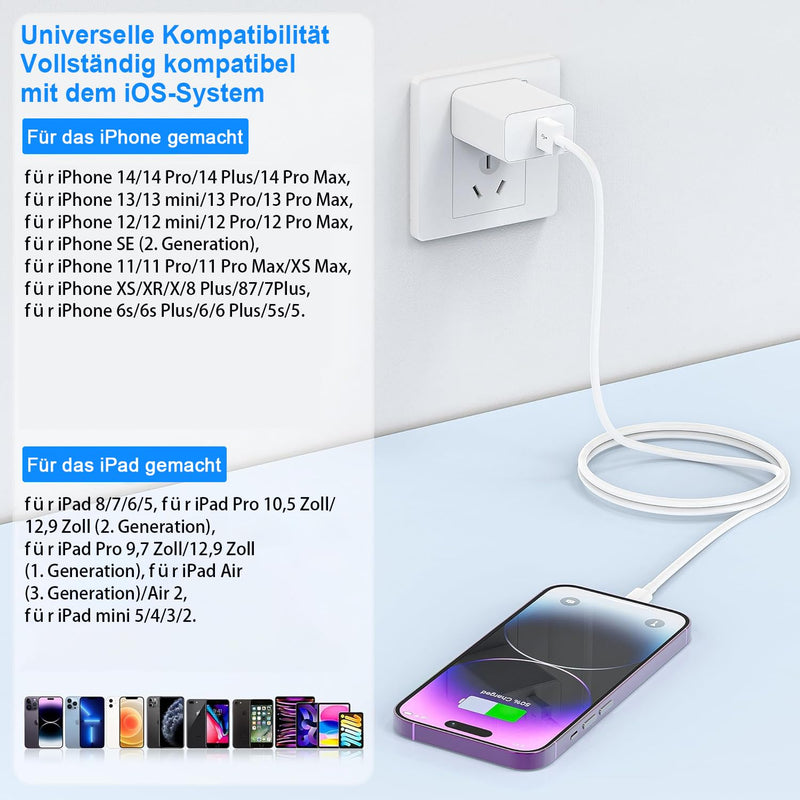 iPhone Charging Cable 2 Pack 1 M + 2 M USB to Lightning Cable MFi Certified for Apple Original Fast Charging Cable, for iPhone 14/13/12/11/Pro/ProMax/Mini/XS/XR/MAX/X/8/7/6/6s/Plus/SE/iPad Mini White
