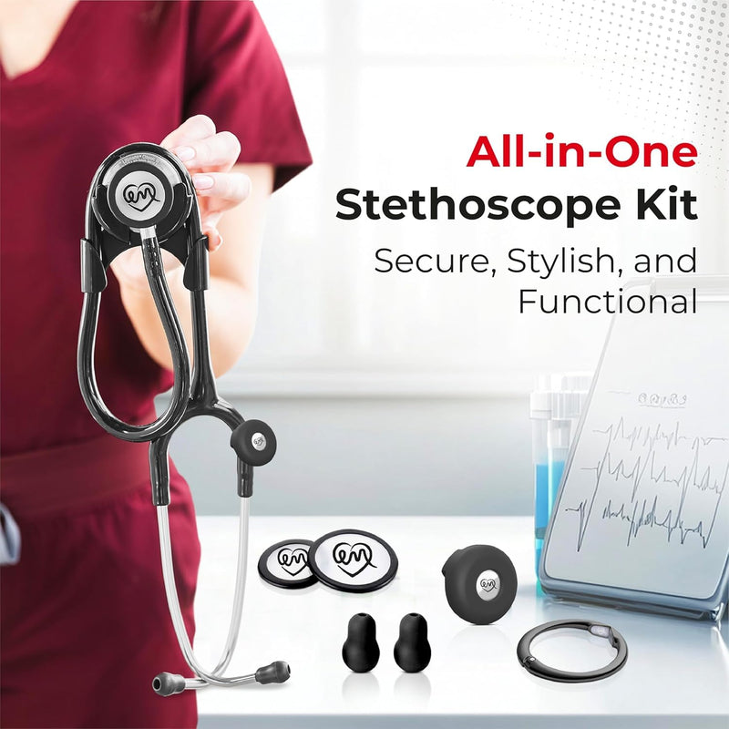 Stethoscope Holder Kit – Hip Clip with Rotating Clip for Neck Pain Relief + 3 BONUSES: Stethoscope AirTag Holder, Stethoscope Replacement Covers/Ear Pieces (Classic III & IV), and Bag Hanger Black
