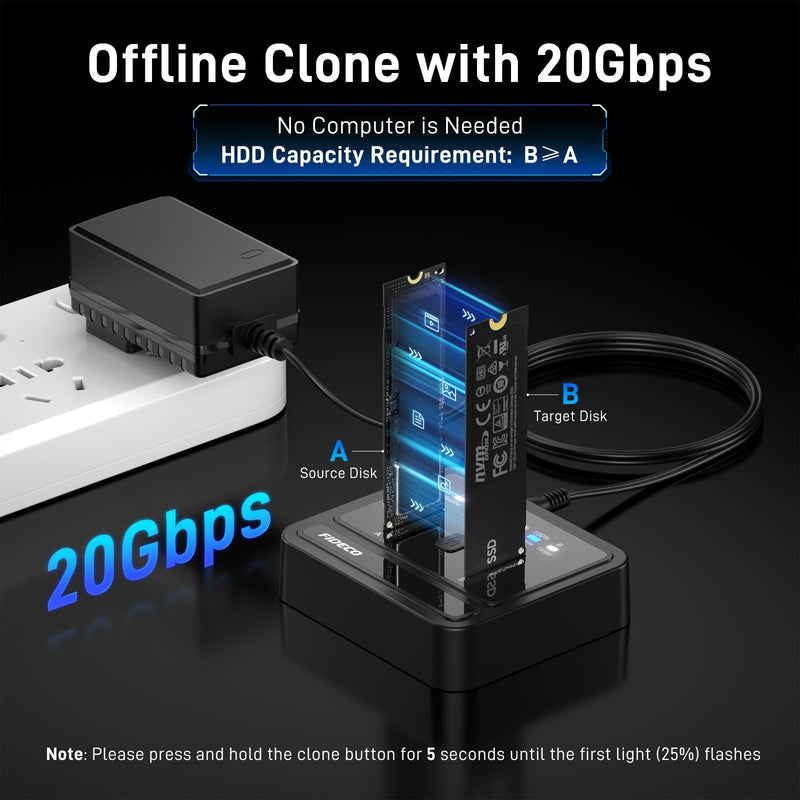 FIDECO M.2 NVMe SATA SSD Cloner Dock, USB 3.2 Gen 2 X 2, 20Gbps M.2 NVMe Cloner Duplicator, Support Offline Clone, UASP and Trim, Plug and Play, Black