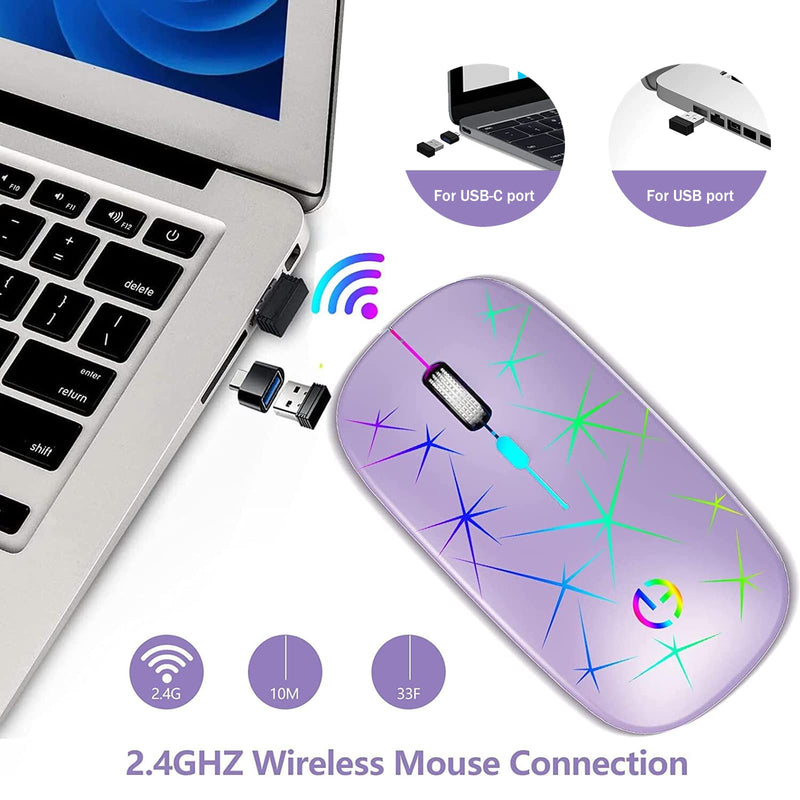 Wireless Mouse, 2.4G Portable Optical Quiet RGB Mouse with USB Receiver and Type C Adapter, 3 Adjustable DPI Levels, Wireless Computer Mouse for Laptop, Computer, PC, MacBook, Desktop Purple