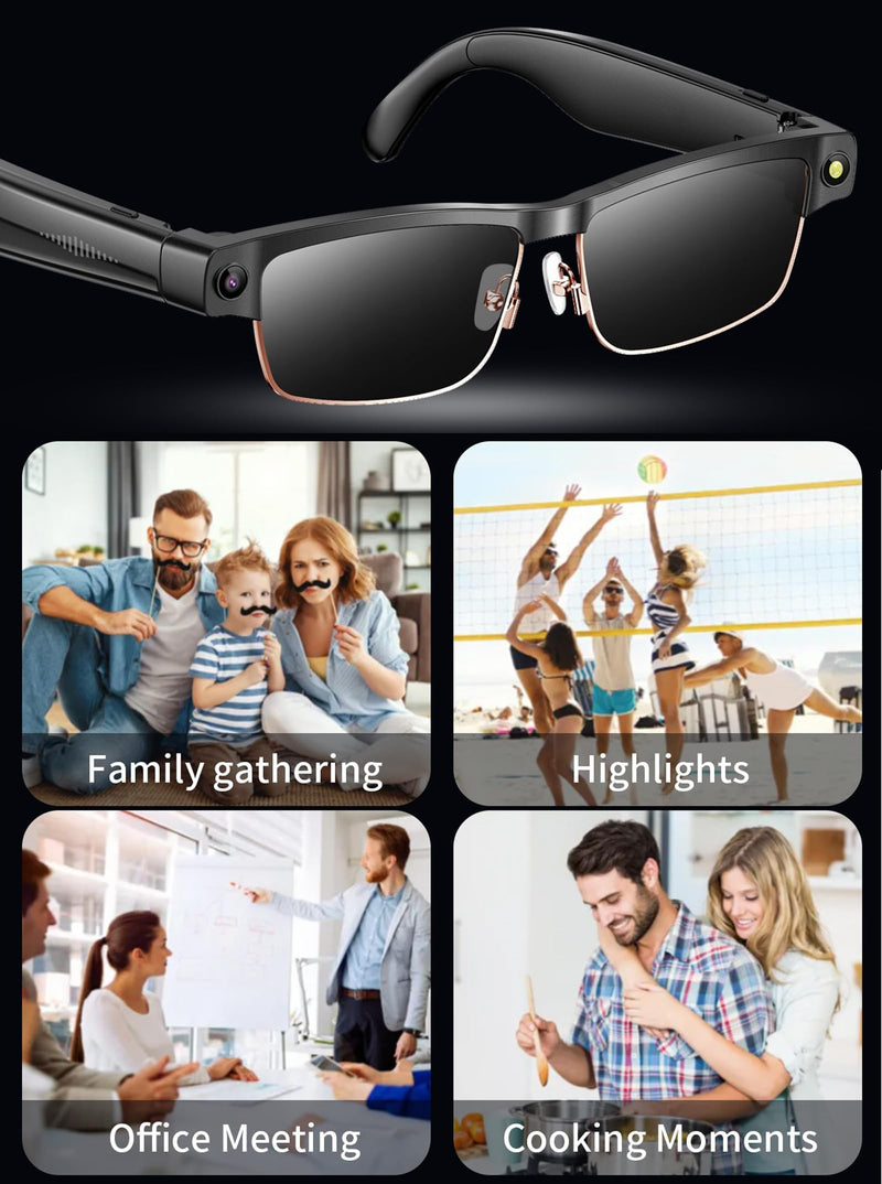 AI Smart Glasses with 8MP HD Camera Recording Voice Assistant Real-Time AI Translation Open-Ear Audio Music Noise Canceling Mic Object Recognition Bluetooth Glasses for Men Women Silver-Clear lens glasses