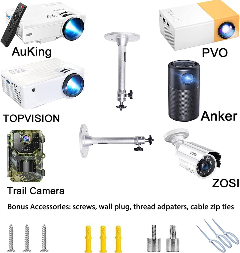Universal Mini Projector Mount Projector Ceiling Mount 360° Rotatable 180° Tilt Mini Projector Wall Mount Hanger with Length 7in /18cm for Projectors CCTV DVR Camera LED Light for Home Theater Office 7 in Silver